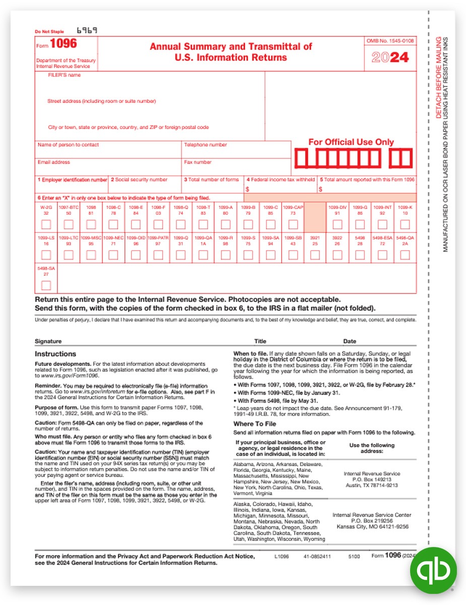 Intuit QuickBooks Compatible 1096 Summary & Transmittal Forms for 1099 Form Filing. Easy Efile Options. Big Discounts, No Coupon Needed - DiscountTaxForms.com