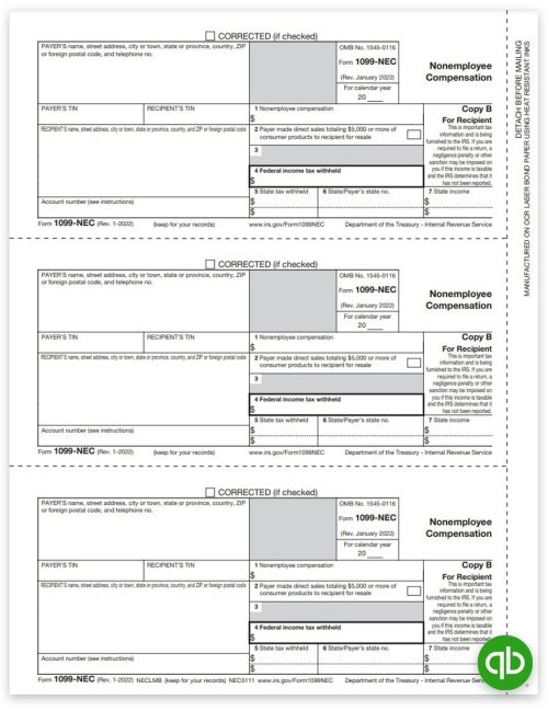 Intuit QuickBooks Compatible 1099-NEC Tax Forms for 2022, Recipient Copy B Official 1099 Forms at Big Discounts, No Coupon Needed - DiscountTaxForms.com