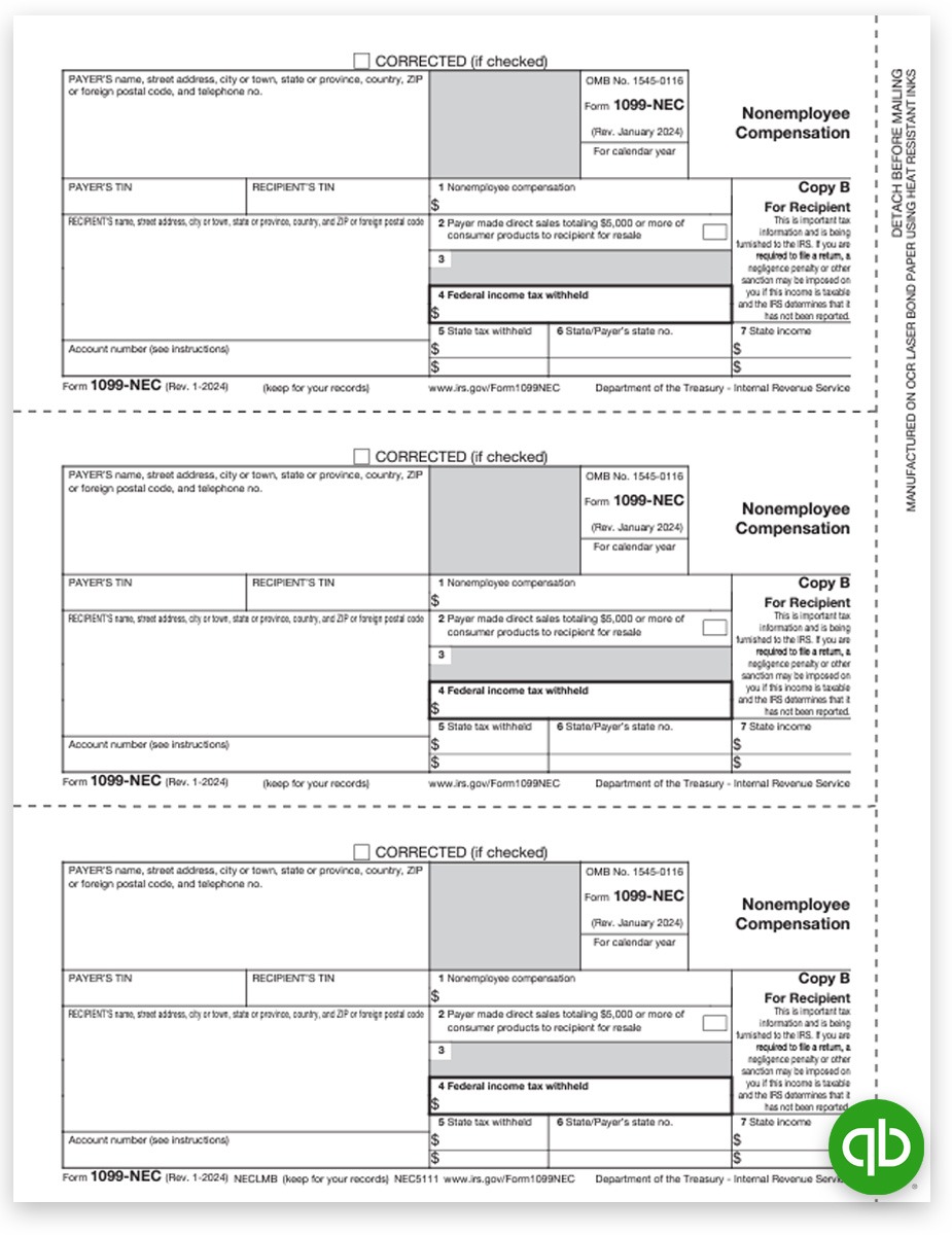 Intuit QuickBooks Compatible 1099-NEC Tax Forms for Recipient. Copy B Official 1099 Forms at Big Discounts, No Coupon Needed - DiscountTaxForms.com