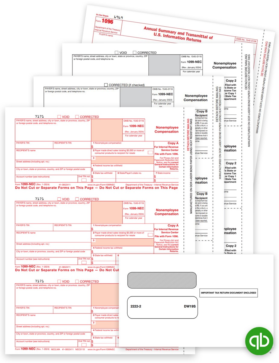 Intuit QuickBooks Compatible 1099-NEC Forms and Envelopes for 2024, Report Non-Employee Compensation with 1099 Forms at Big Discounts, No Coupon Needed - DiscountTaxForms.com