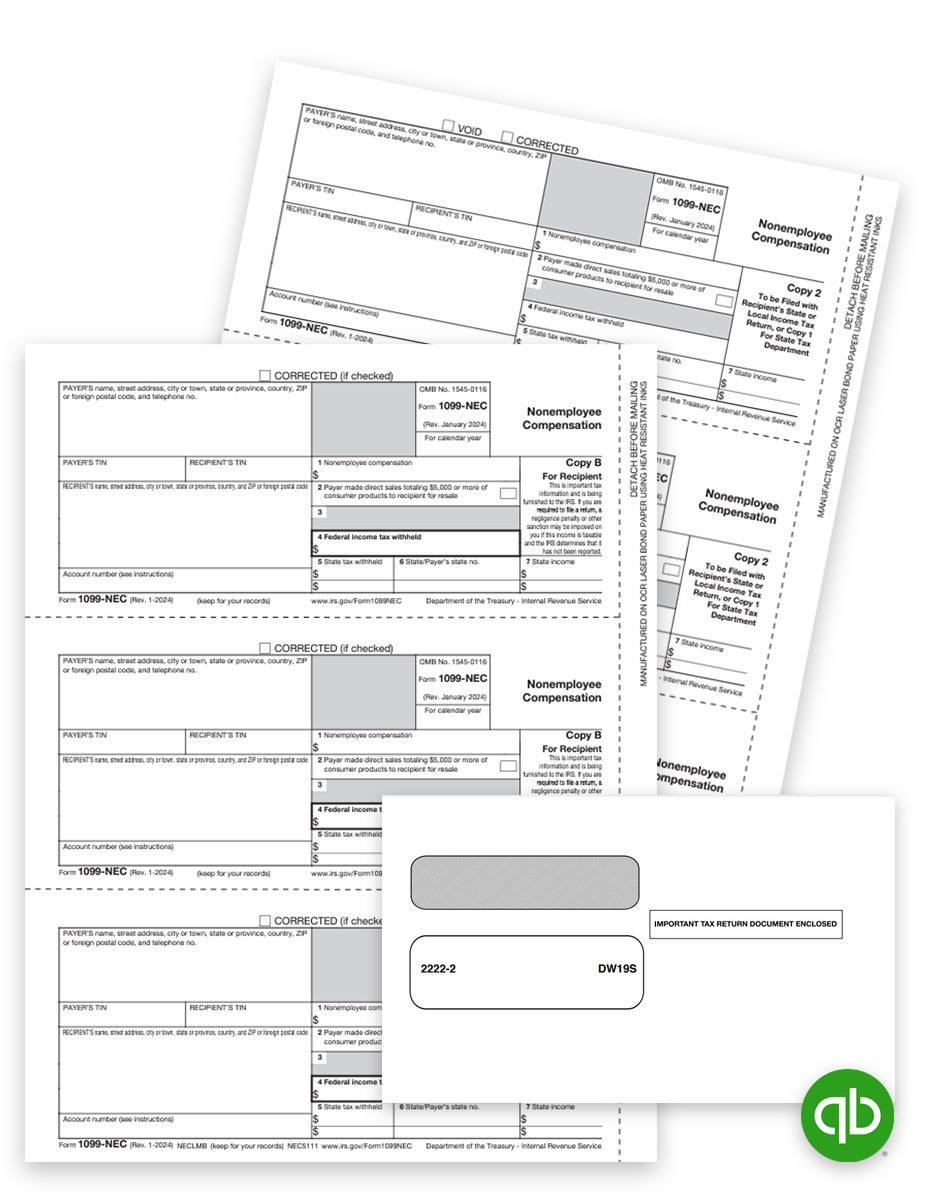 Intuit Quickbooks Compatible 1099NEC Tax Forms and Envelopes Sets for Efilers, Includes Recipient Copies and Payer State-File Copies, plus Security Envelopes at Discount Prices, No Coupon Code Needed - DiscountTaxForms.com