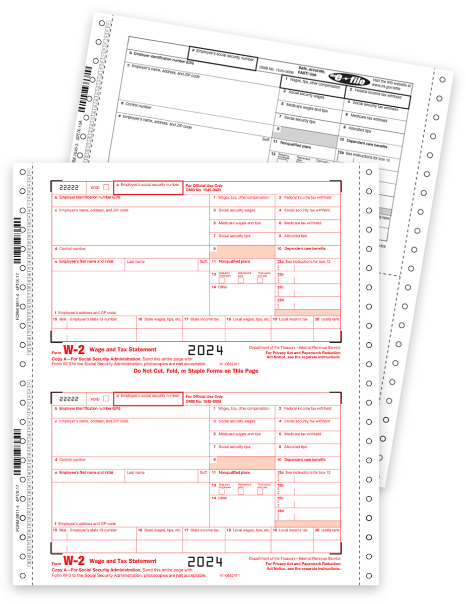 W2 Carbonless Forms 2024, Continuous Twin Sets for Employers and Employees 3-part Format. Easy Efile Options Too - DiscountTaxForms.com