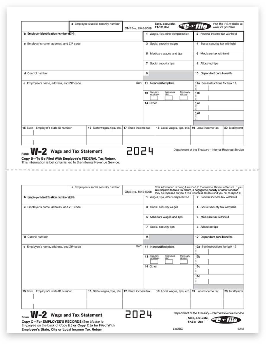 2024 W2 Tax Forms 2up Employee Copies B & C on a 2up Perforated Sheet for 1 Employee. Big Discounts, No Coupon Needed - DiscountTaxForms.com