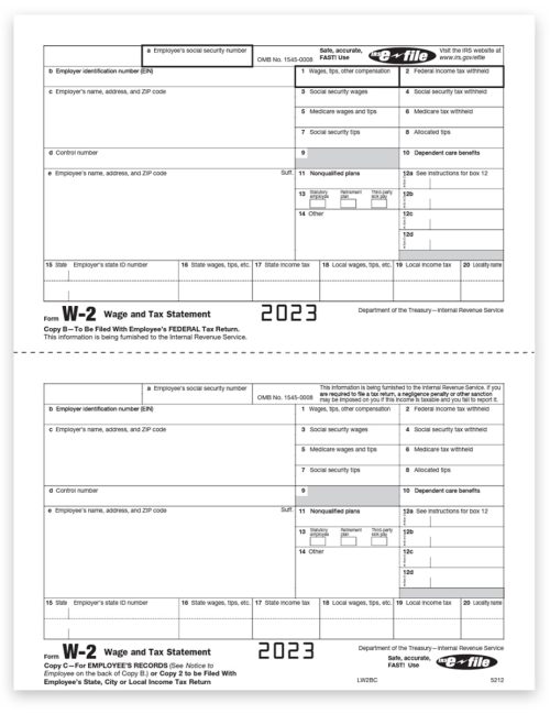 2023 W2 Tax Form 2up Employee Copies B & C on a 2up Perforated Sheet for 1 Employee - DiscountTaxForms.com