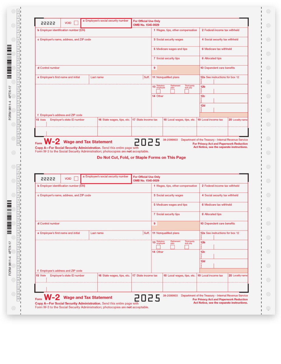 Order Carbonless W2 Forms for 2025, Continuous Format for Pin-Fed Printers or Typewriters, 6-part format for Employee and Employer W2 Filing. Easy E-Filing Options Too - DiscountTaxForms.com