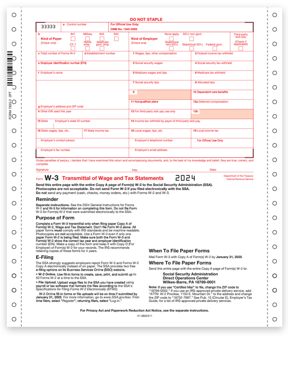 W3 Form for 2024, Carbonless Continuous 2-part 1-wide format, W-3 Transmittal Forms for W2 Copy A Filing with the SSA - DiscountTaxForms.com