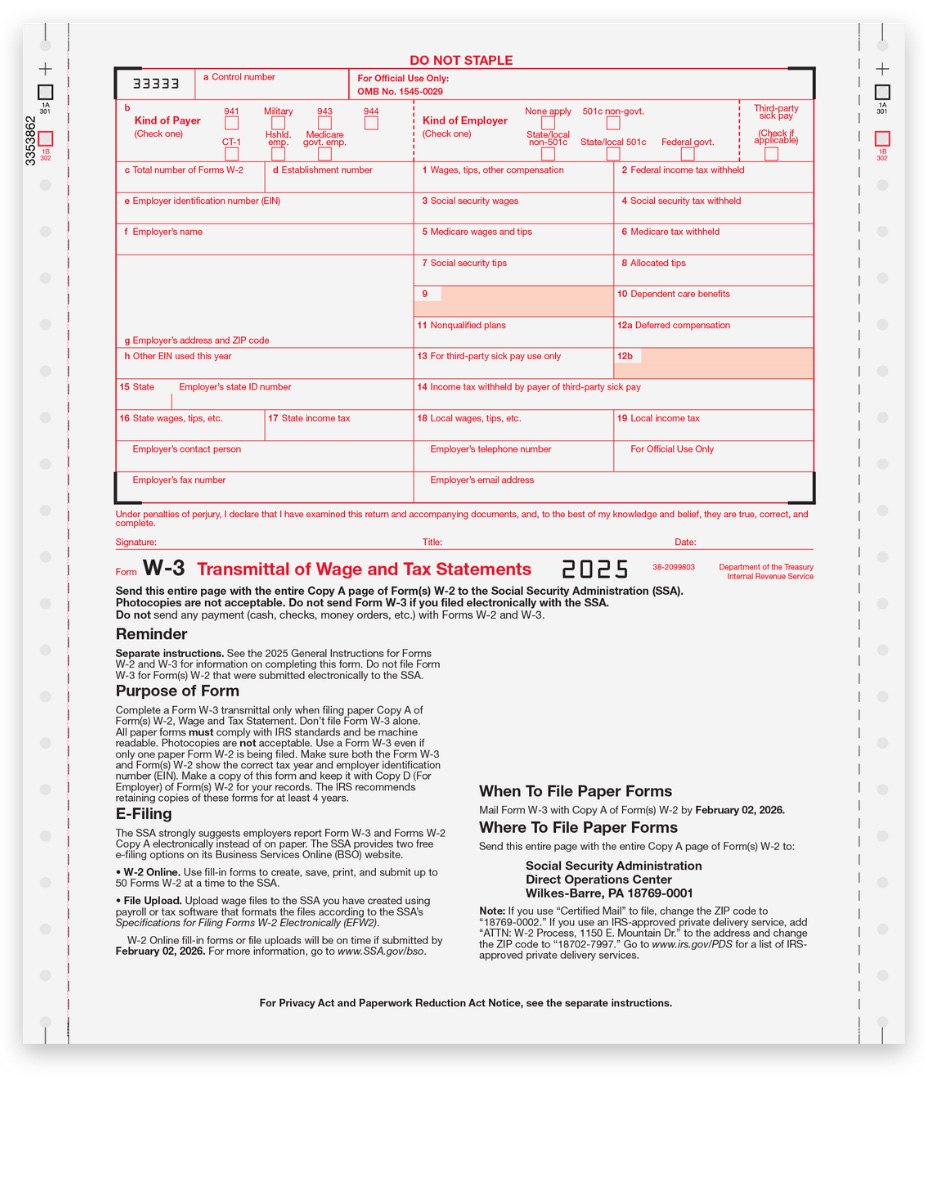 Order W3 Form for 2025, Carbonless Continuous 2-part 1-wide format, W-3 Transmittal Forms for W2 Copy A Filing with the SSA - DiscountTaxForms.com