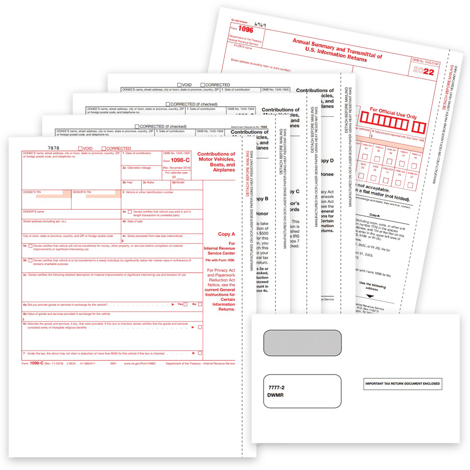 1098C Tax Forms and Envelopes for 2022 Donations of Motor Vehicles, Boats or Airplanes, Official IRS 1098-C Forms - DiscountTaxForms.com