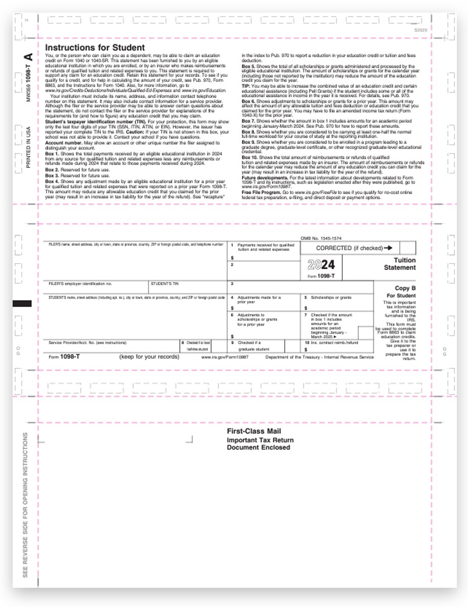 Order 1098T Pressure Seal Tax Forms, 11-inch Z-fold, Student Copy B for 2024. Easy Online E-Filing Options - DiscountTaxForms.com