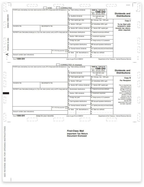 1099DIV Pressure Seal Tax Forms for 2022, 11-inch Z-fold, Recipient Copies B & 2 - DiscountTaxForms.com