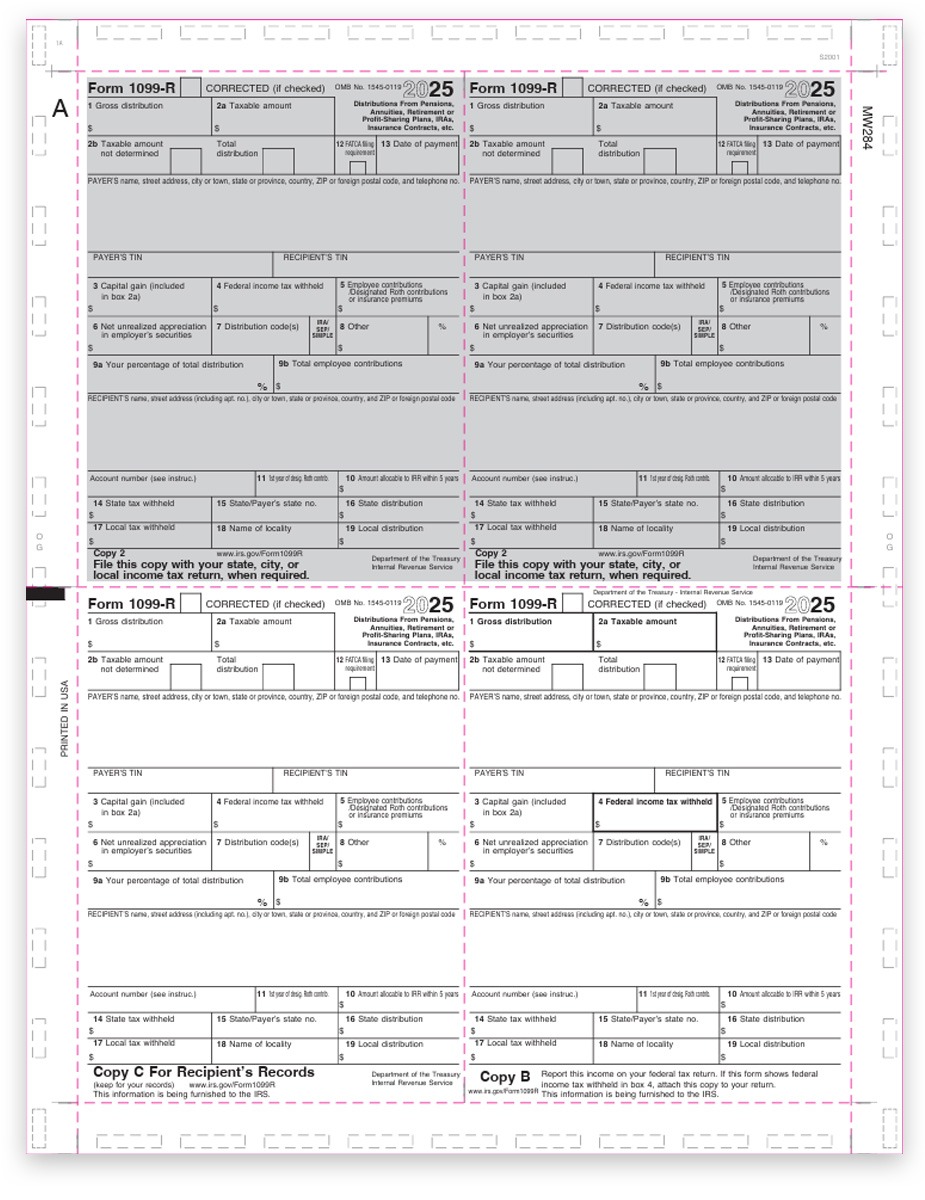 1099R Pressure Seal Forms 2025, 11-inch V-Fold, 4up Recipient Copies, V1 Quadrant Layout - DiscountTaxForms.com