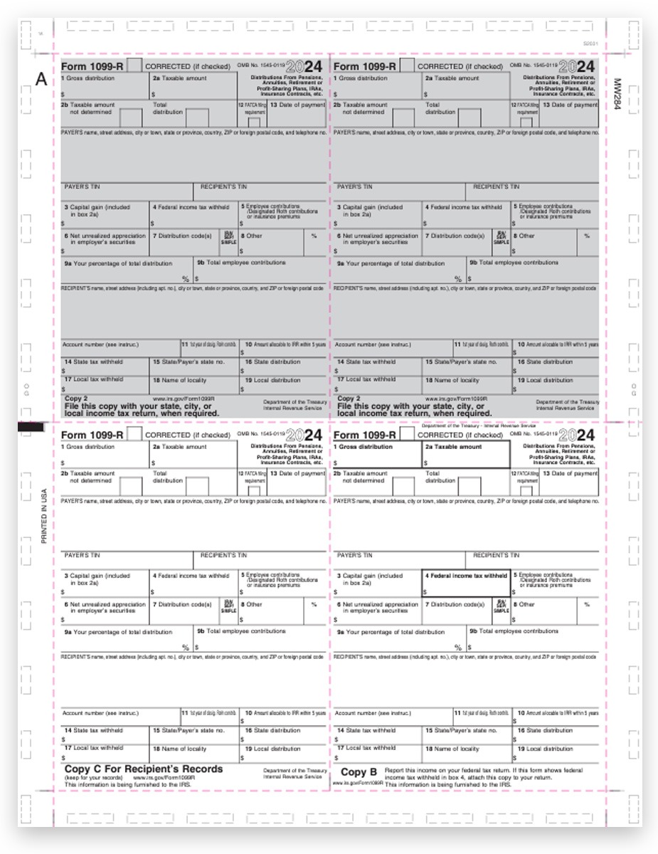 1099R Pressure Seal Forms 2024, 11-inch V-Fold, 4up Recipient Copies, V1 Quadrant Layout - DiscountTaxForms.com