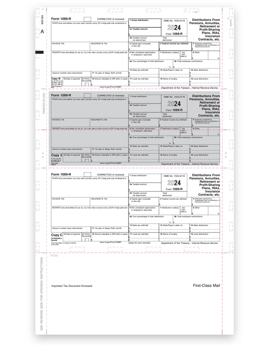 Order 1099R Pressure Seal Tax Forms for 2024, 3up Recipient Copies, EZ Fold 14-in. Bulk Discounts, No Coupon Needed - DiscountTaxForms.com