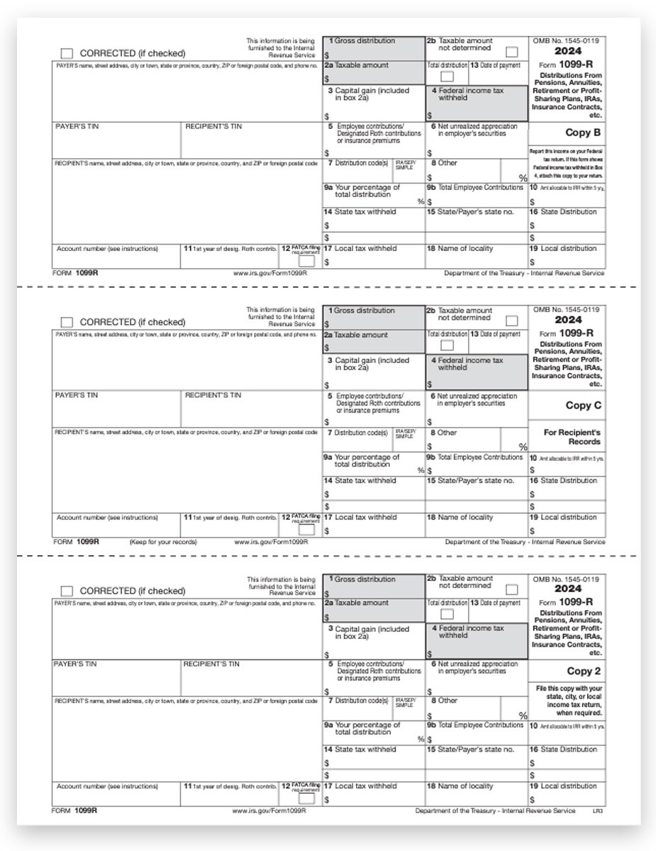 Order 3up Recipient 1099R Tax Forms for 2024, Copy B-C-2 3up Recipient Federal, State & File Copy. Easy Online E-Filing Options at Big Discounts, No Coupon Code Needed - DiscountTaxForms.com