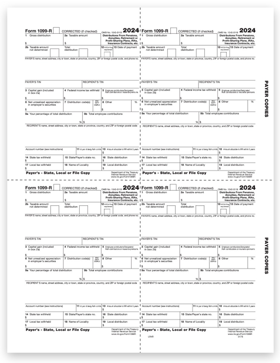 Order 1099R Tax Forms for 2024, Payer 4up Copy D-1 Recipient Federal, State, City & File Copy, Official Preprinted 1099-R Forms. Easy E-File Options at Big Discounts, No Coupon Needed - DiscountTaxForms.com