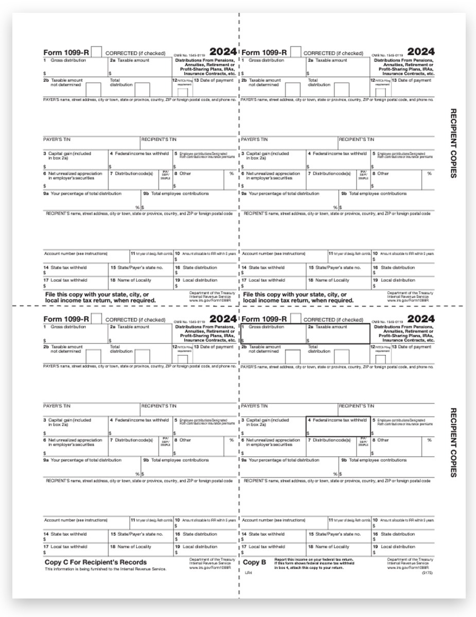 Order 1099R Tax Forms for 2024, 4up Recipient Copies B-C-2-2 for Federal, State, City & File, Official Preprinted 1099-R Forms and Easy E-File Options at Big Discounts, No Coupon Needed - DiscountTaxForms.com