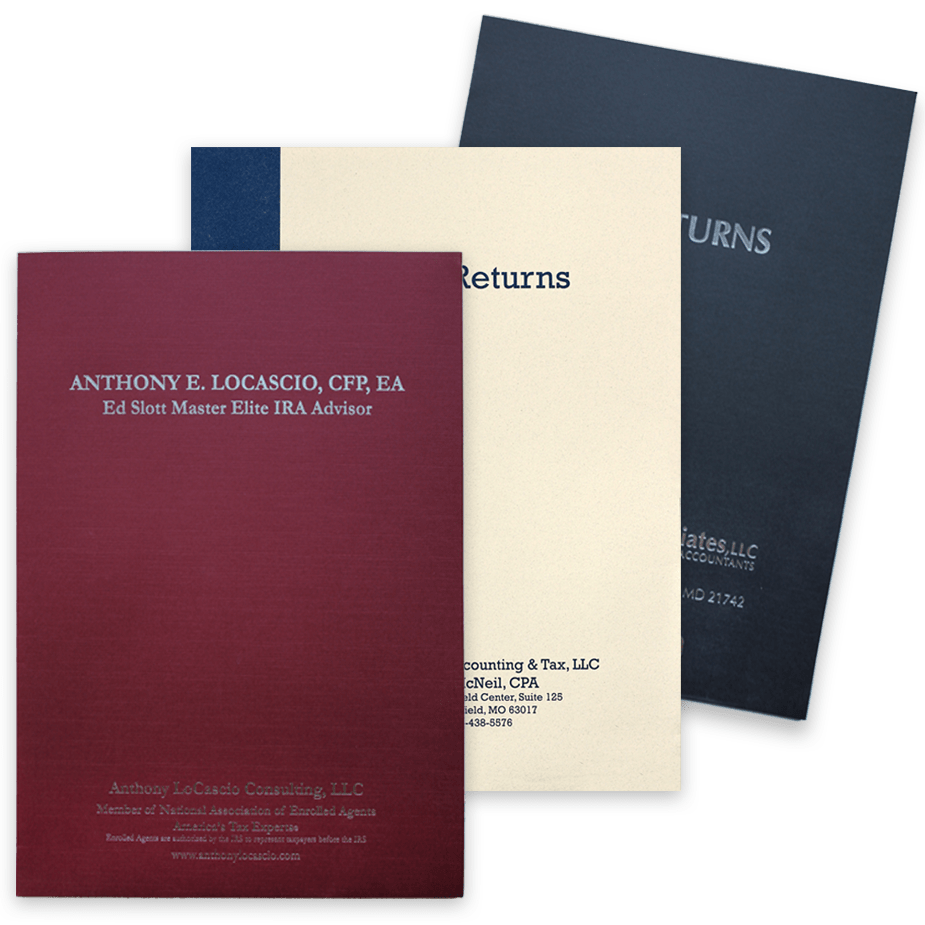 Personalized Tax Return Folders with Custom Ink Imprinting or Foil Stamping, Pockets and Many Options - DiscountTaxForms.com