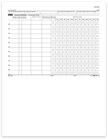 1095B Continuation Form for ACA Health Care Coverage Reporting for Self-Insured Employers, Full Sheet Format for ComplyRight Software - DiscountTaxForms.com