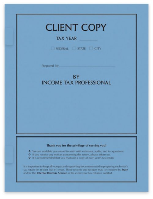 Client Copy Tax Return Cover with Side Staple Tabs, Blue - DiscountTaxForms.com