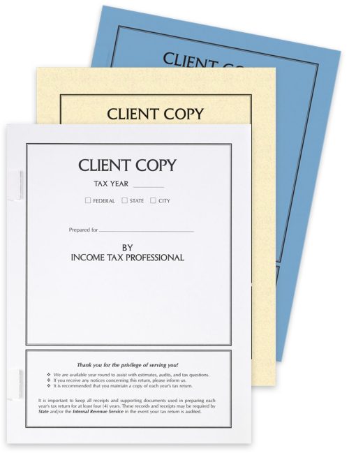 Client Copy Tax Return Covers for Accountants. Side Staple Tabs and Expandable Score. White, Blue, Cream Colors - DiscountTaxForms.com
