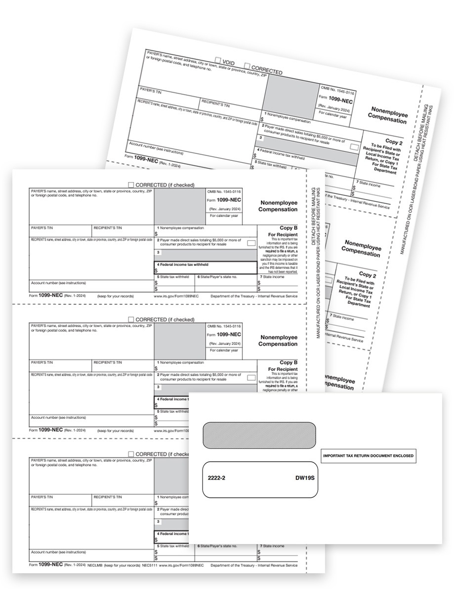 1099NEC Tax Forms and Envelopes Sets for Efilers, Includes Recipient Copies and Payer State-File Copies, plus Security Envelopes at Discount Prices, No Coupon Code Needed - DiscountTaxForms.com