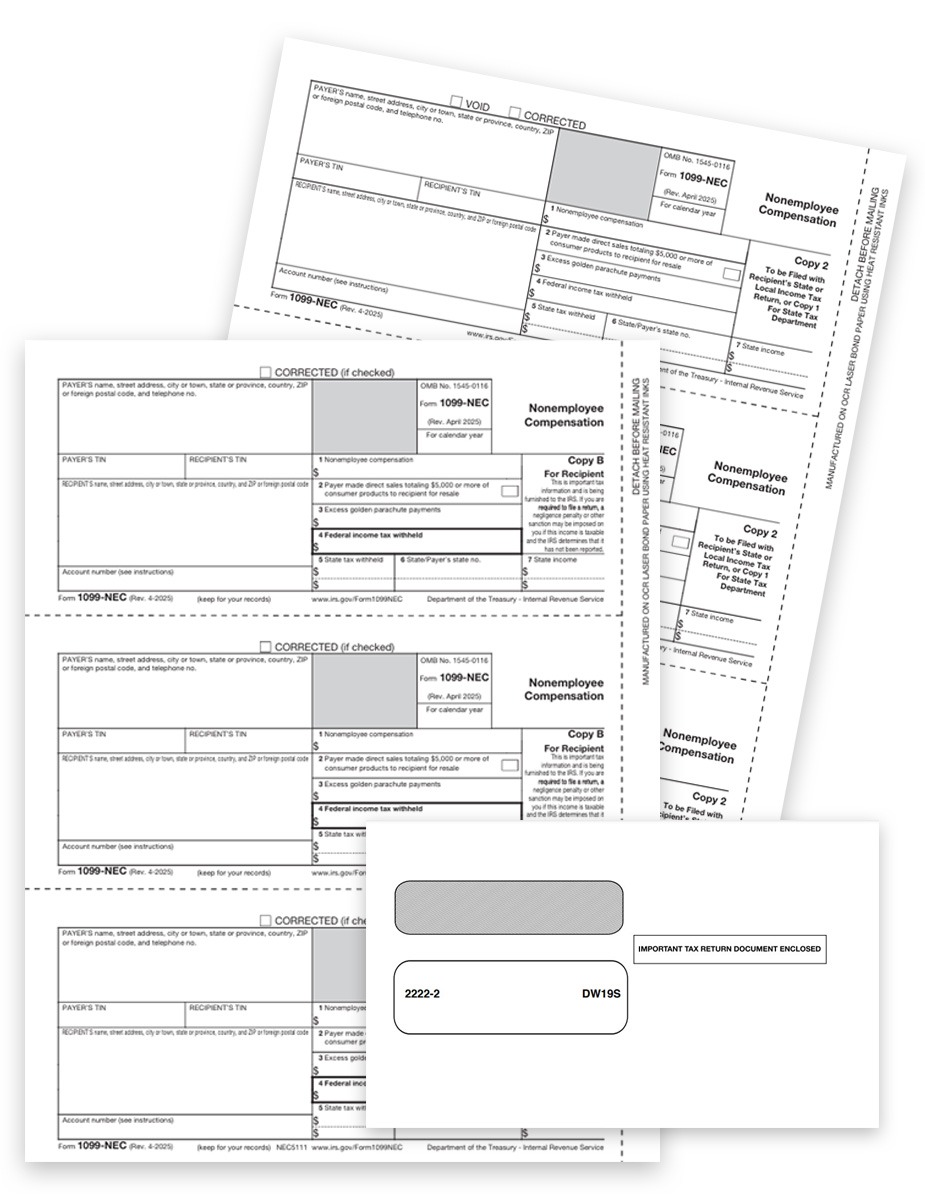 1099NEC Tax Forms and Envelopes Sets for Efilers, Includes Recipient Copies plus Security Envelopes at Discount Prices, No Coupon Code Needed - DiscountTaxForms.com