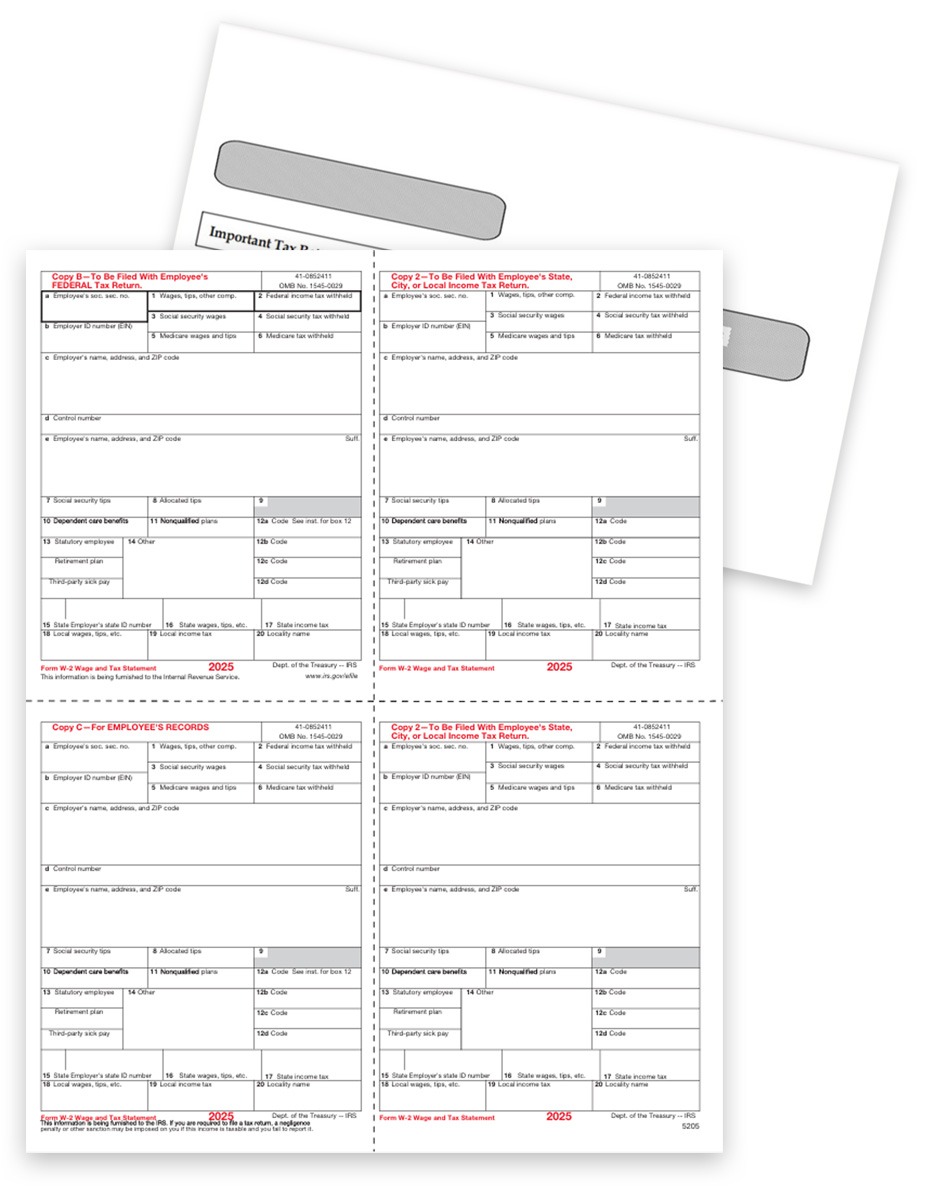 Order W2 4up V1 Tax Forms and Envelopes Sets with Employee Copies Only for 2025 for Businesses Who Efile, Big Discounts, No Coupon Code Needed - DiscountTaxForms.com