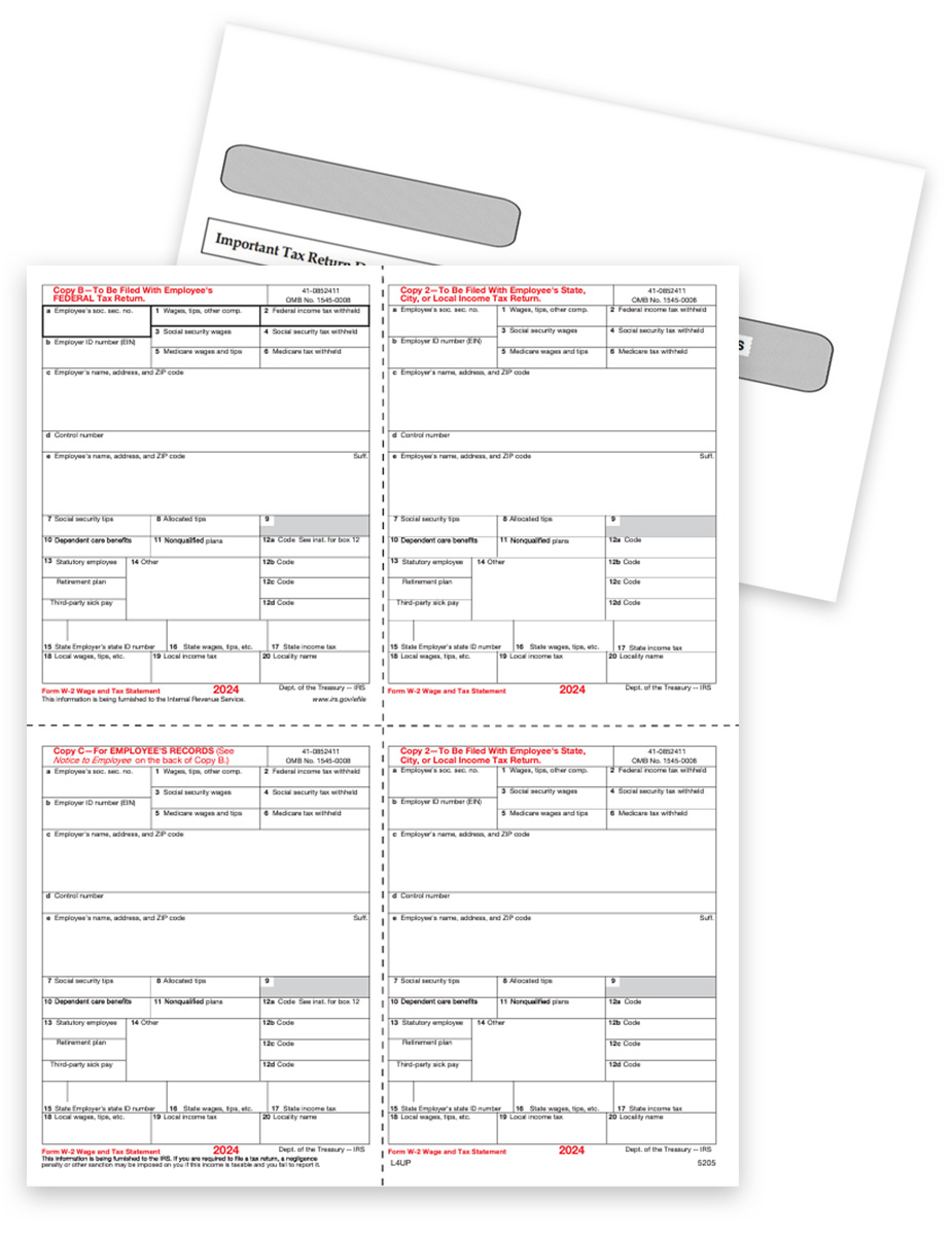 2024 W2 4up V1 Tax Forms and Envelopes Sets with Employee Copies Only for Businesses Who Efile, Big Discounts, No Coupon Code Needed - DiscountTaxForms.com