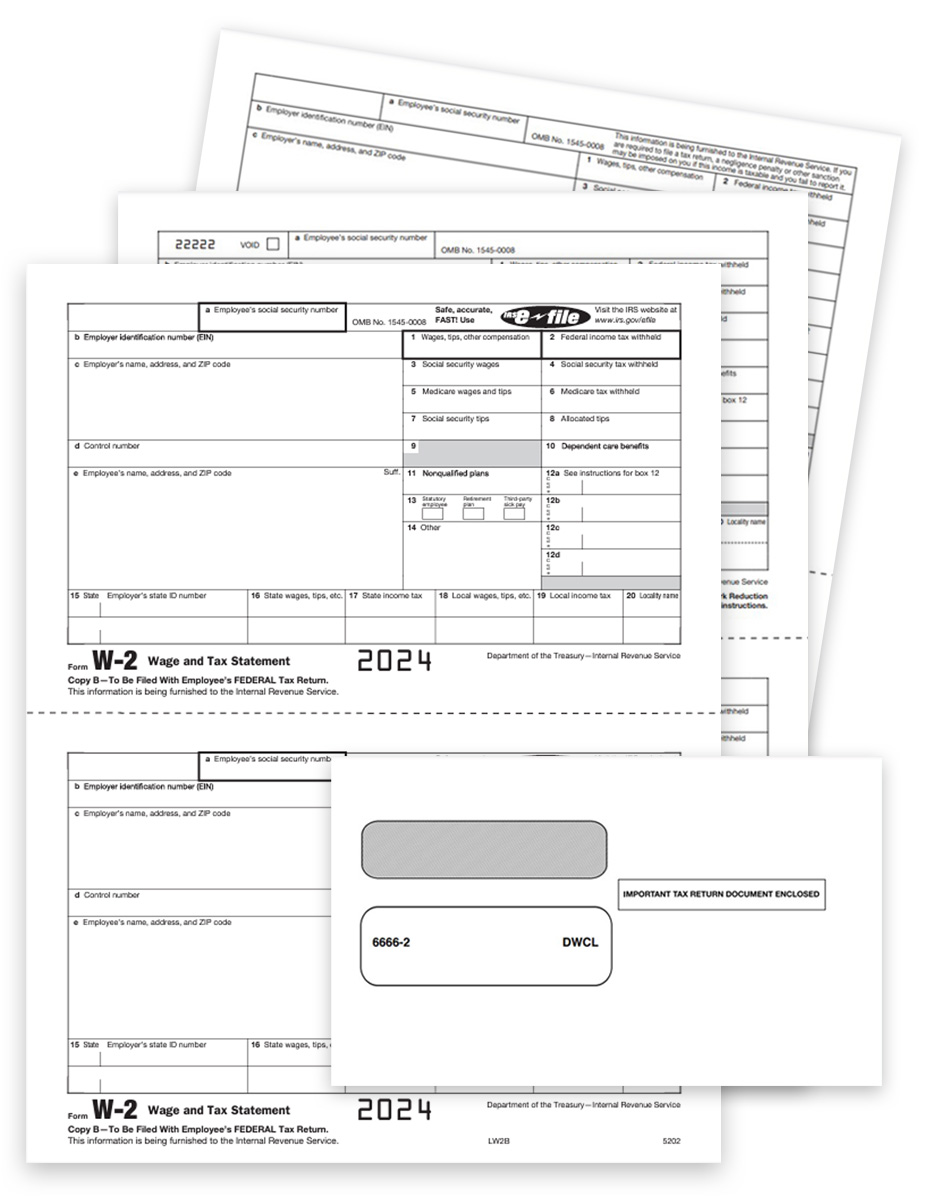 W2 Form & Envelope Sets for Efilers 2024, Employee and Select Employer Copies Only 3-part, Big Discounts, No Coupon Code Needed - DiscountTaxForms.com