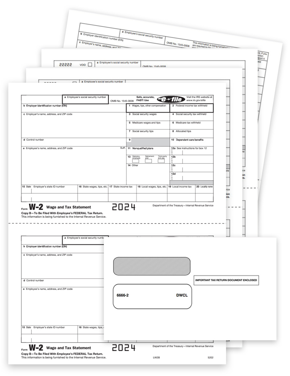 W2 Form & Envelope Sets for Efilers 2023, Employee and Select Employer Copies Only 5-part, Big Discounts, No Coupon Code Needed - DiscountTaxForms.com