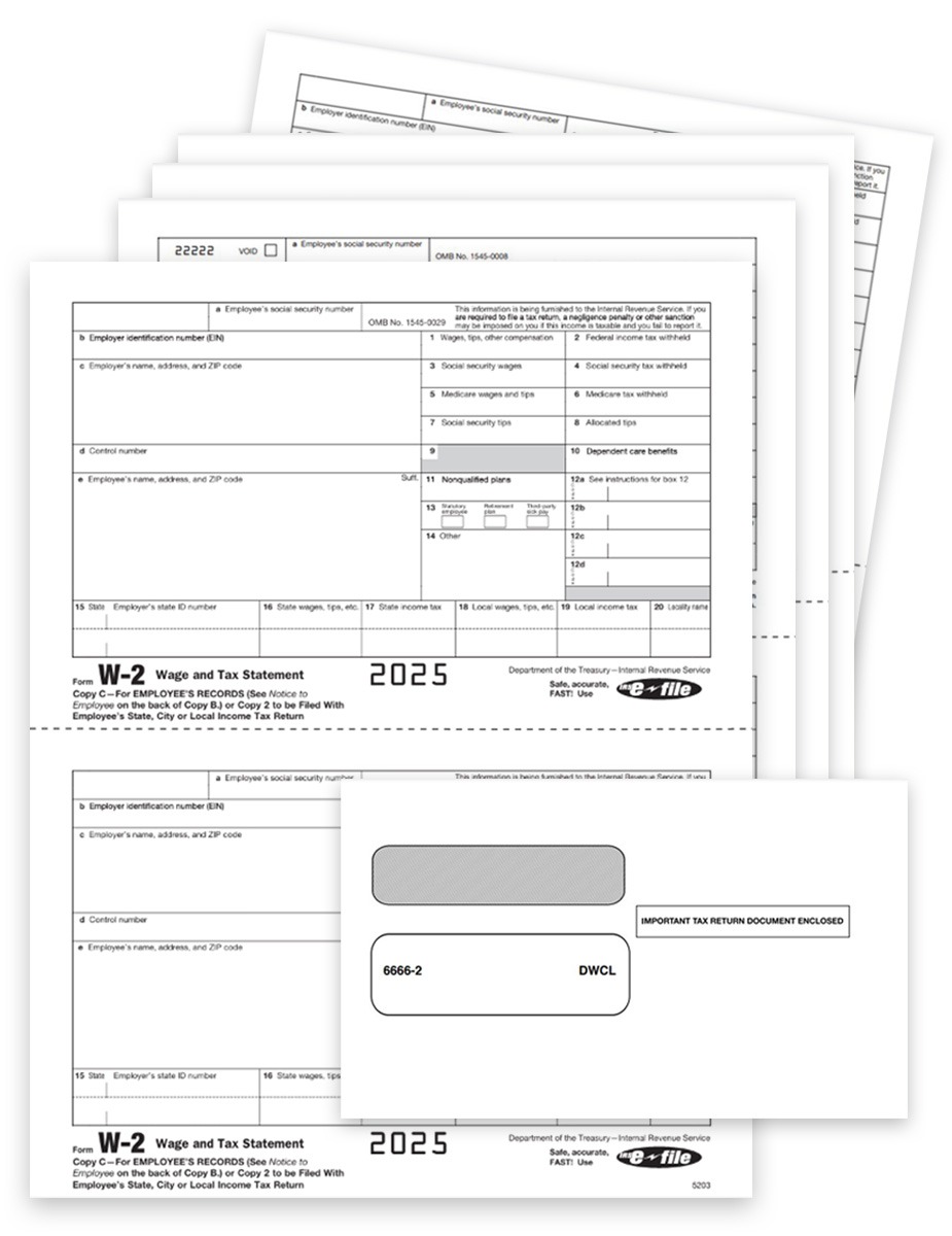 Order W2 Form & Envelope Sets for Efilers 2025, Employee and Select Employer Copies Only 5-part, Big Discounts, No Coupon Code Needed - DiscountTaxForms.com