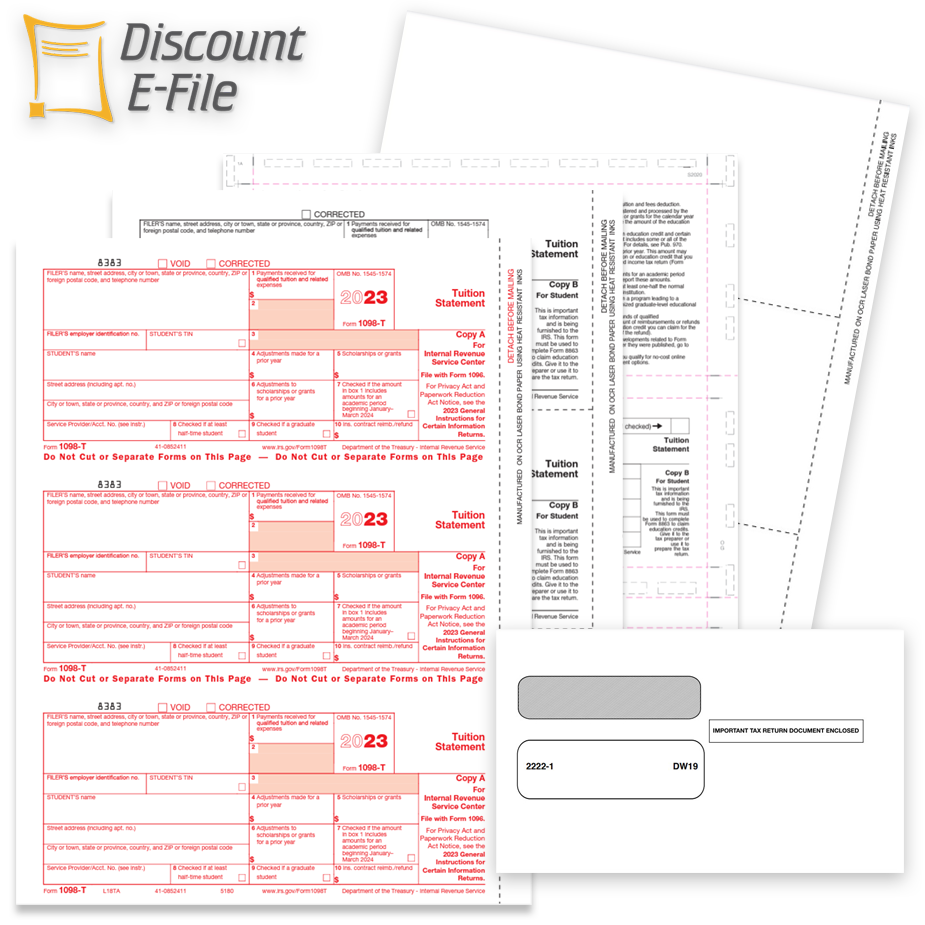 1098T Tax Forms for 2023 to Report Tuition Payments, Official Forms, Envelopes and Blank perforated paper - discounttaxforms.com