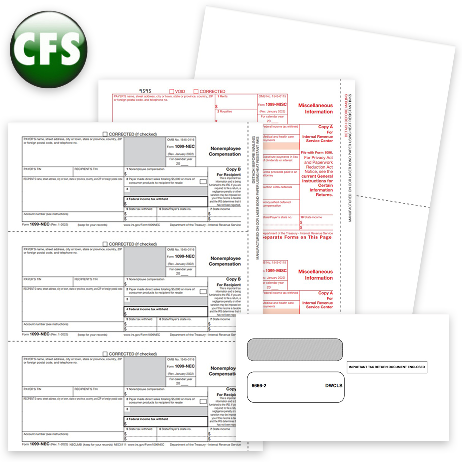 1099 & W2 Tax Forms for CFS Software, Guaranteed Compatible Official Forms, Blank Perf Paper and Envelopes - DiscountTaxForms.com