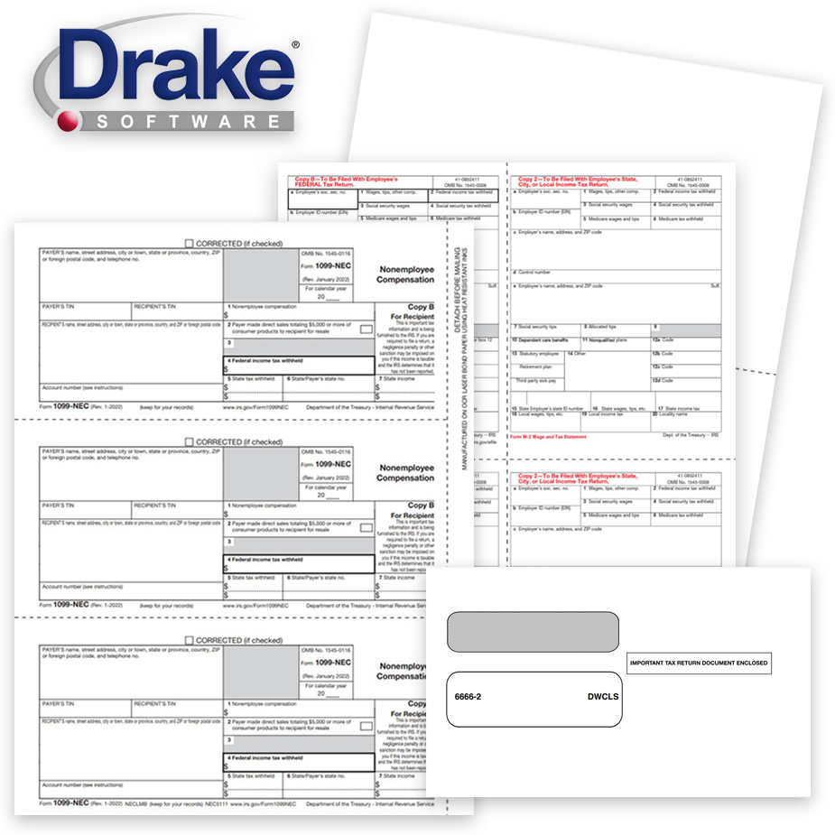 1099 & W2 Tax Forms for Drake Software, Guaranteed Compatible Official Forms, Blank Perf Paper and Envelopes - DiscountTaxForms.com