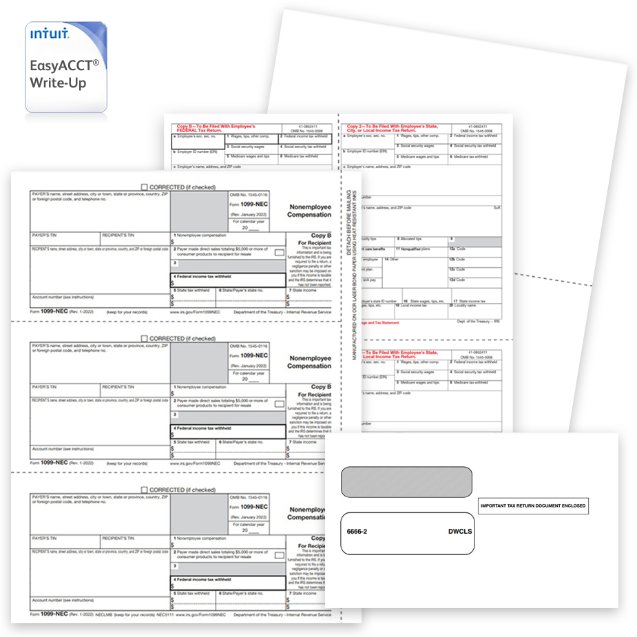 1099 & W2 Forms for EasyAcct Software by Intuit, Guaranteed Compatible Official Forms, Blank Perf Paper and Envelopes - DiscountTaxForms.com