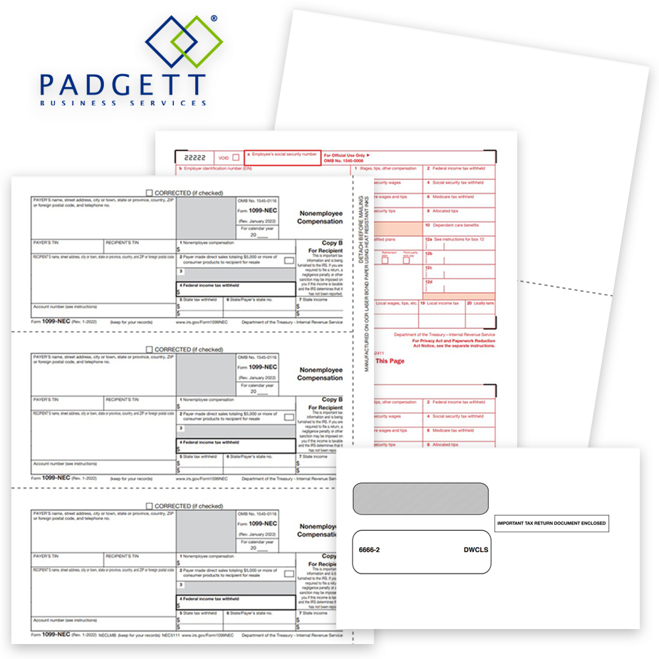 1099 & W2 Tax Forms for Padgett Software, Guaranteed Compatible Official Forms, Blank Perf Paper and Envelopes - DiscountTaxForms.com