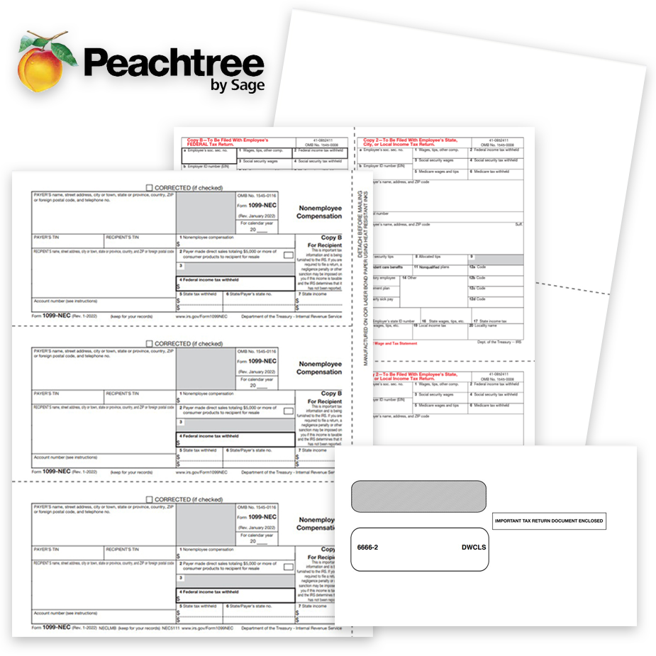 1099 & W2 Tax Forms for Peachtree Software, Guaranteed Compatible Official Forms, Blank Perf Paper and Envelopes - DiscountTaxForms.com