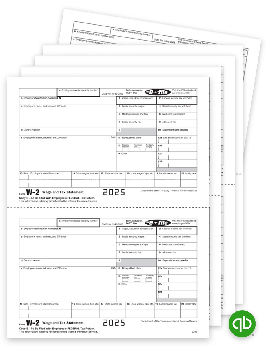 Order Intuit QuickBooks Compatible W2 Form Sets for Efilers in 2025, Employee and Select Employer Federal and State Copies. Does not include Copy A forms. Big Discounts, No Coupon Code Needed - DiscountTaxForms.com
