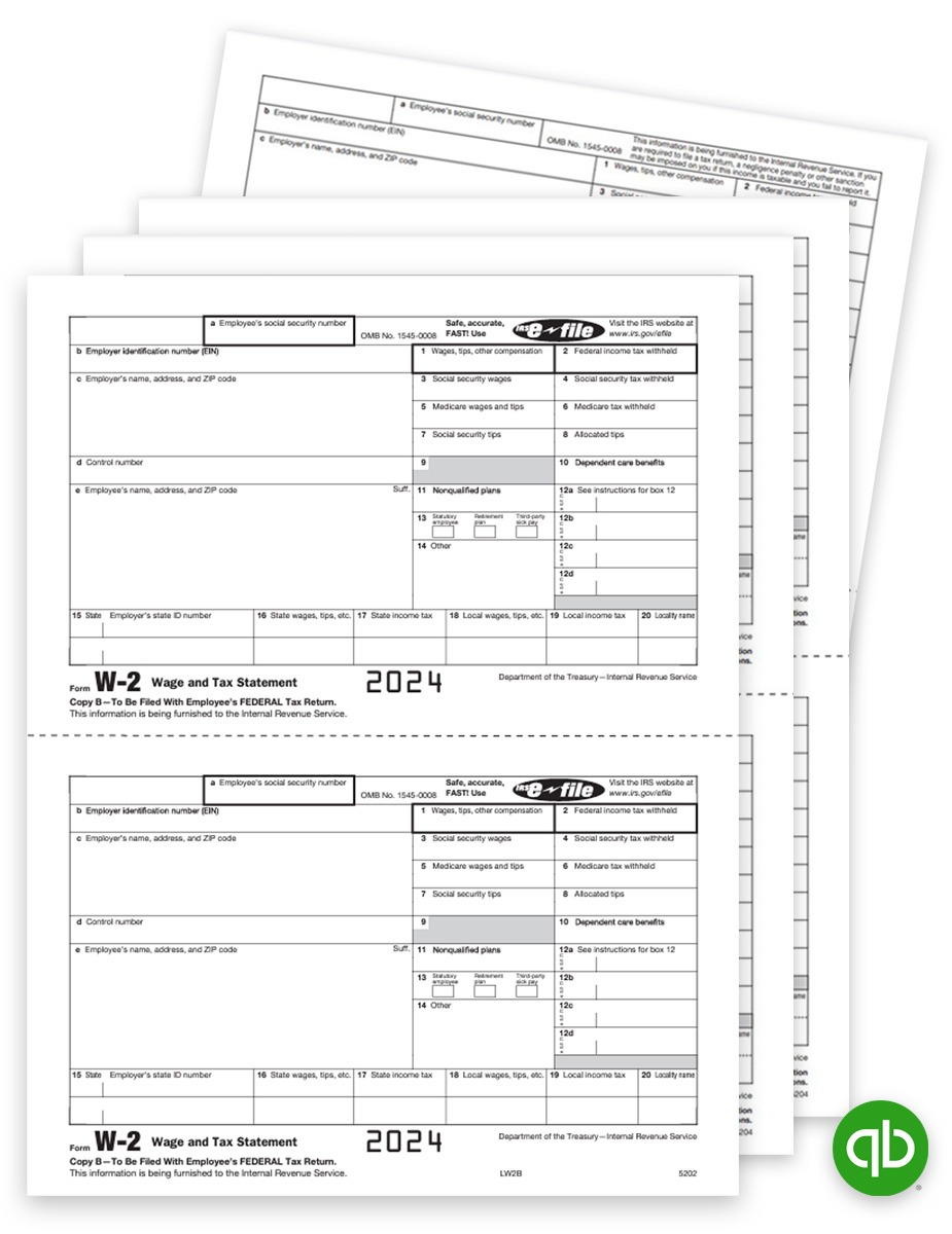 Intuit QuickBooks Compatible W2 Form Sets for Efilers in 2024, Employee and Select Employer Federal and State Copies. Does not include Copy A forms. Big Discounts, No Coupon Code Needed - DiscountTaxForms.com