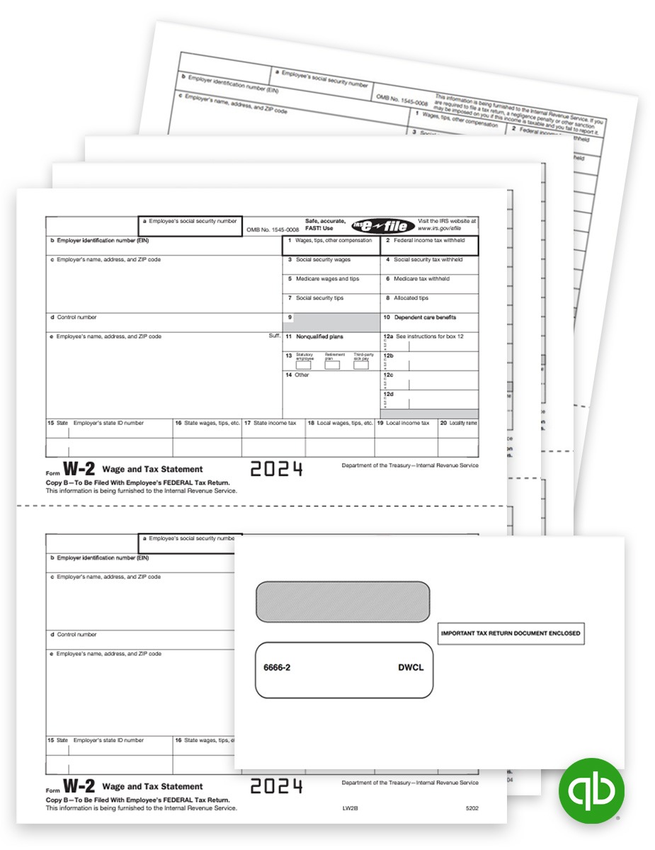 Intuit QuickBooks Compatible W2 Form & Envelope Sets for Efilers 2024, Employee and Select Employer Copies. Big Discounts, No Coupon Code Needed - DiscountTaxForms.com