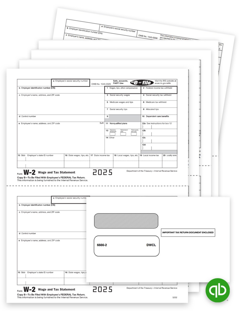 Order Intuit QuickBooks Compatible W2 Form & Envelope Sets for Efilers 2025, Employee and Select Employer Copies. Big Discounts, No Coupon Code Needed - DiscountTaxForms.com