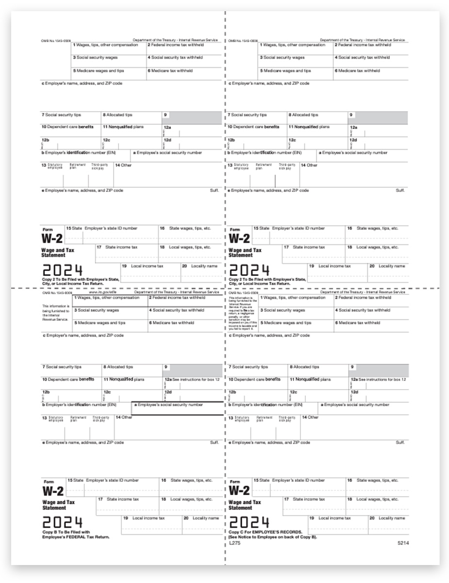 2024 Employee W2 4up Form M Style Quadrant Box Layout. Big Discounts, No Coupon Code Needed - DiscountTaxForms.com