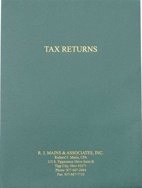 Custom Foil Stamped Tax Folder, Gold Foil on Green Linen Paper - DiscountTaxForms.com