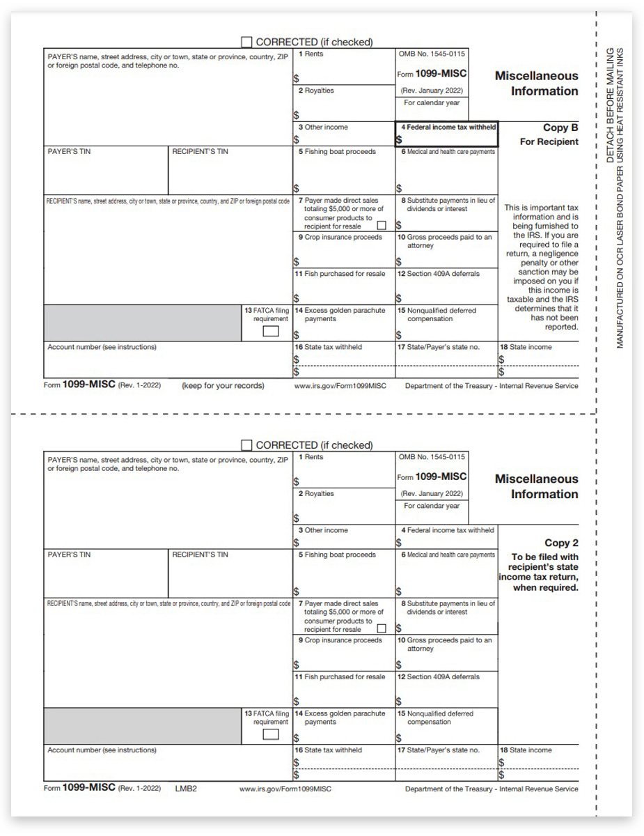 1099MISC 2up Recipient Tax Forms with Copy B & 2 on One Sheet for Federal and File Copy, Miscellaneous Income Reporting - DiscountTaxForms.com
