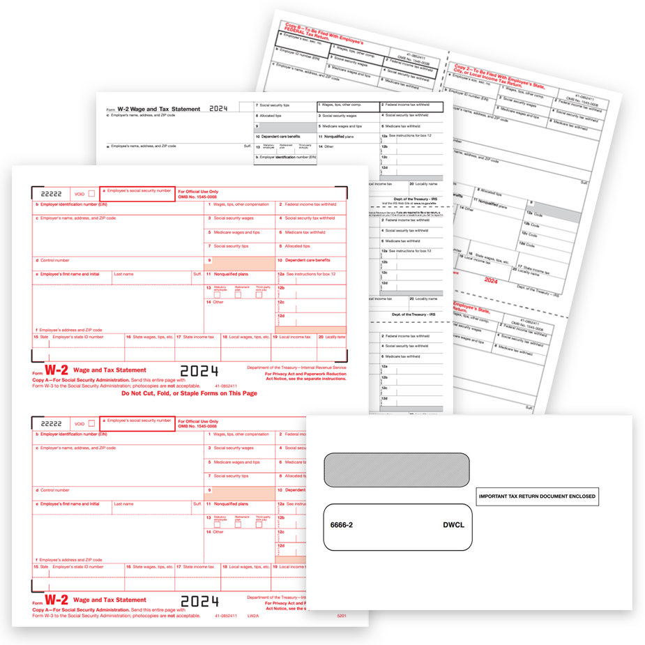 2024 W2 Forms and Envelopes, Official IRS W-2 Forms for Employees and Employers, 2up, 3up and 4up formats at discount prices, no coupon code needed - DiscountTaxForms.com