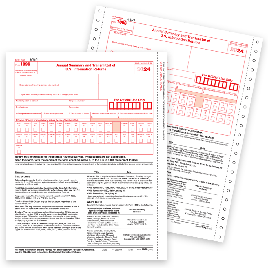 Order 1096 Forms for 2024, Summary and Transmittal for 1099 Form Filing with the IRS. Big Discounts, No Coupon Code Needed - DiscountTaxForms.com