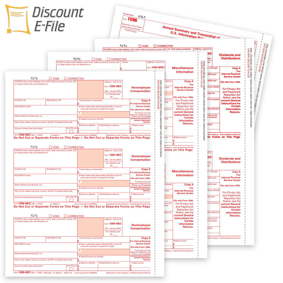 Order 1099 Tax Forms for the IRS, Copy A Red Forms and Easy E-Filing Options at Big Discounts, No Coupon Needed - DiscountTaxForms.com