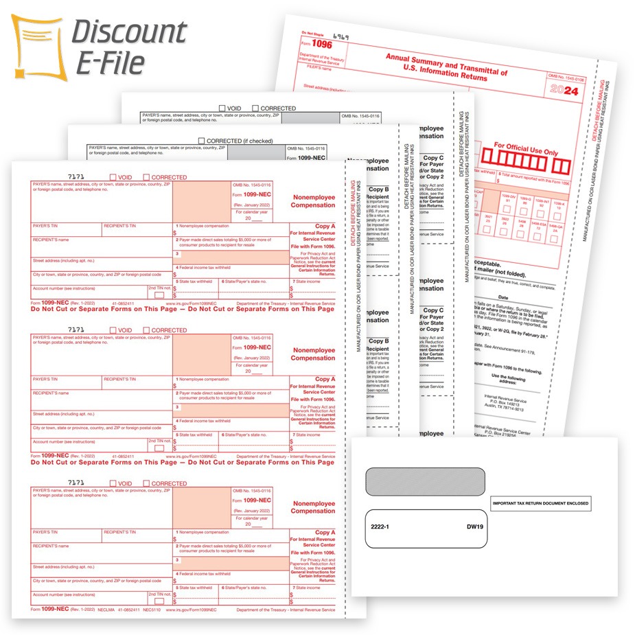 Order 1099 Tax Form Sets for 2024. 1099NEC, MISC, DIV and More with Compatible Envelopes. E-File Options. Big Discounts, No Coupon Needed - DiscountTaxForms.com