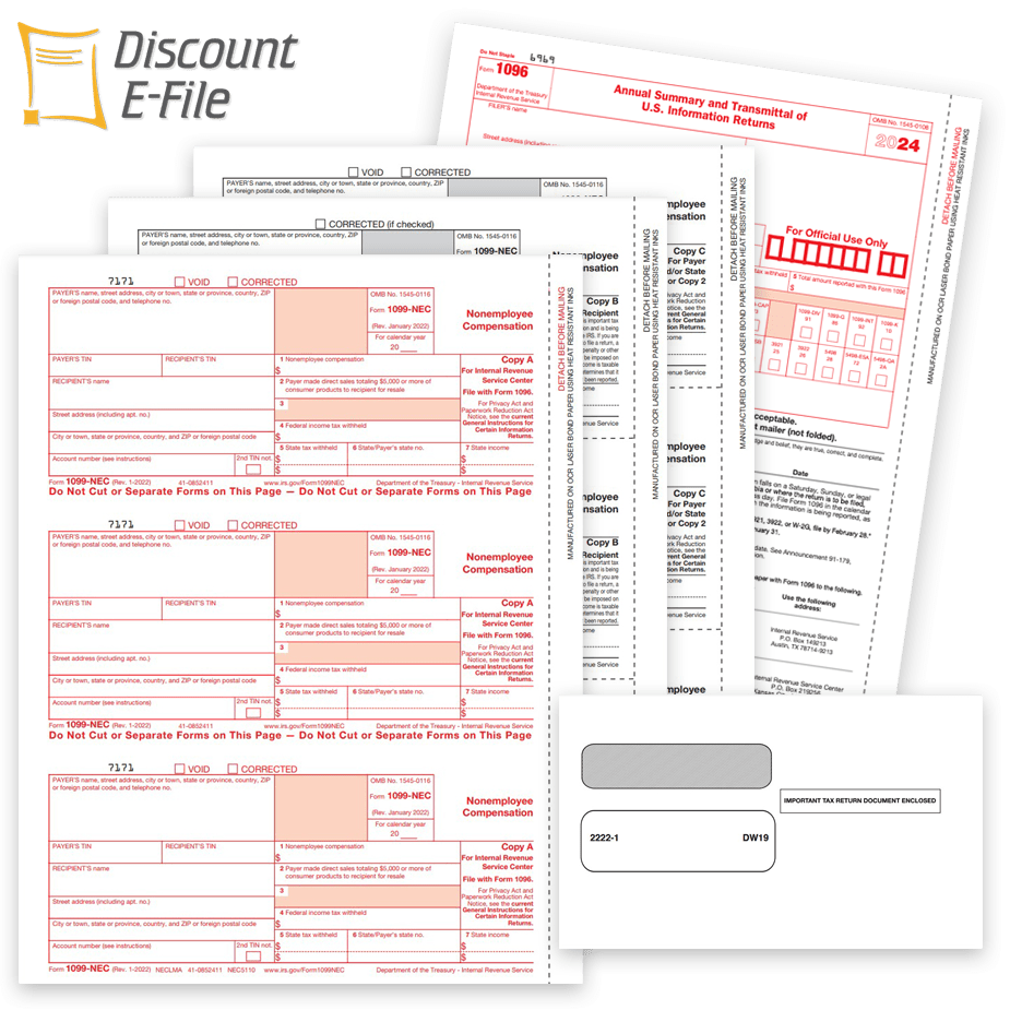 Order 1099 Tax Form Sets for 2024. 1099NEC, MISC, DIV and More with Compatible Envelopes. E-File Options. Big Discounts, No Coupon Needed - DiscountTaxForms.com