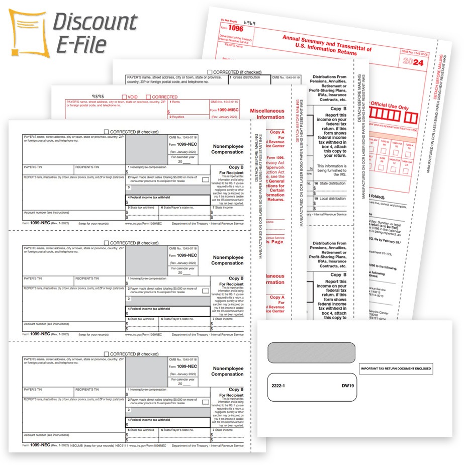 Order Official IRS 1099 Tax Forms, Envelopes and E-File for 2024 at Big Discounts, No Coupon Needed - DiscountTaxForms.com